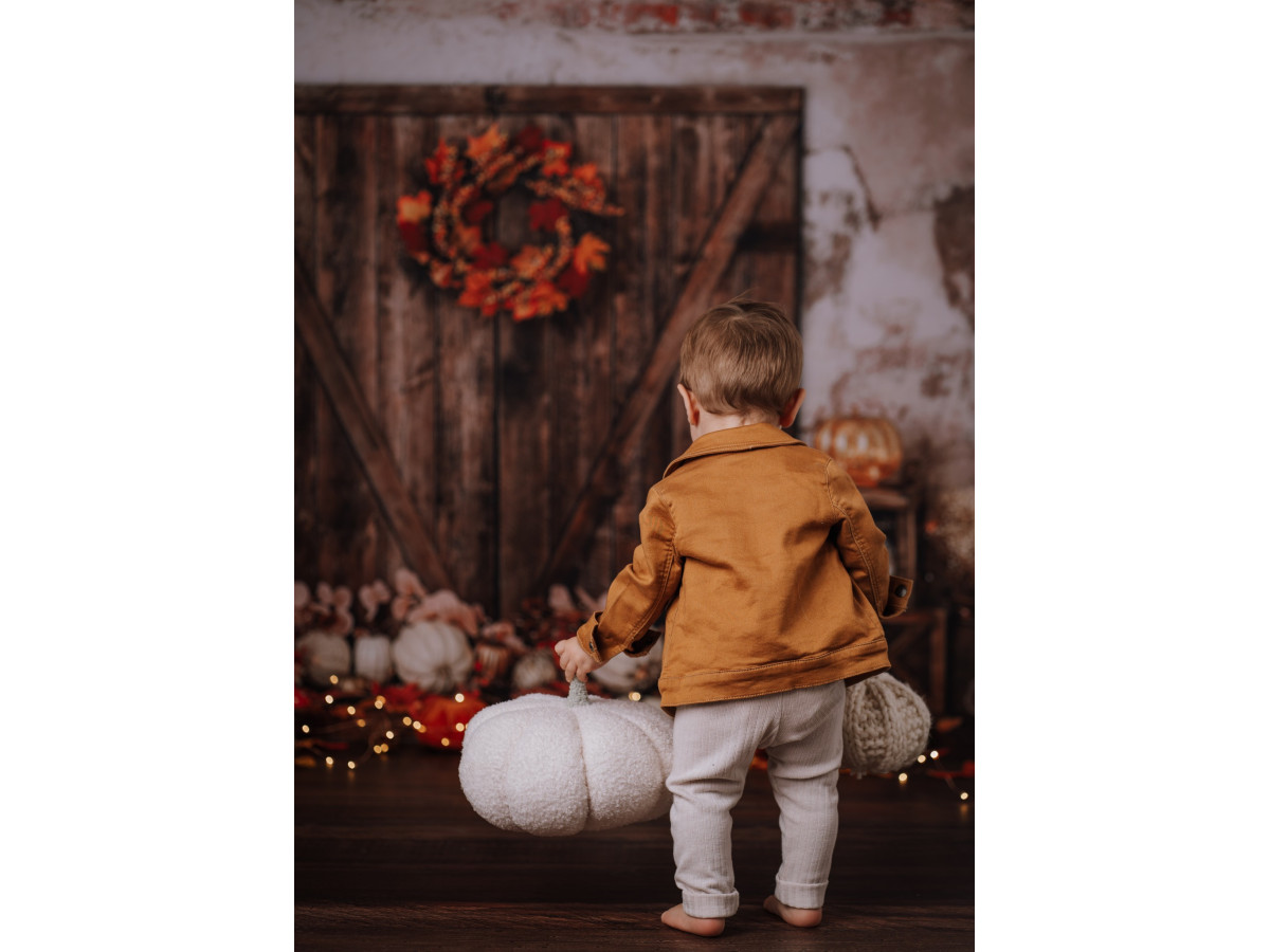 Fond photo d'Halloween Old Door Pumpkins – porte de grange avec couronne d'automne et citrouilles | Colors&Drops