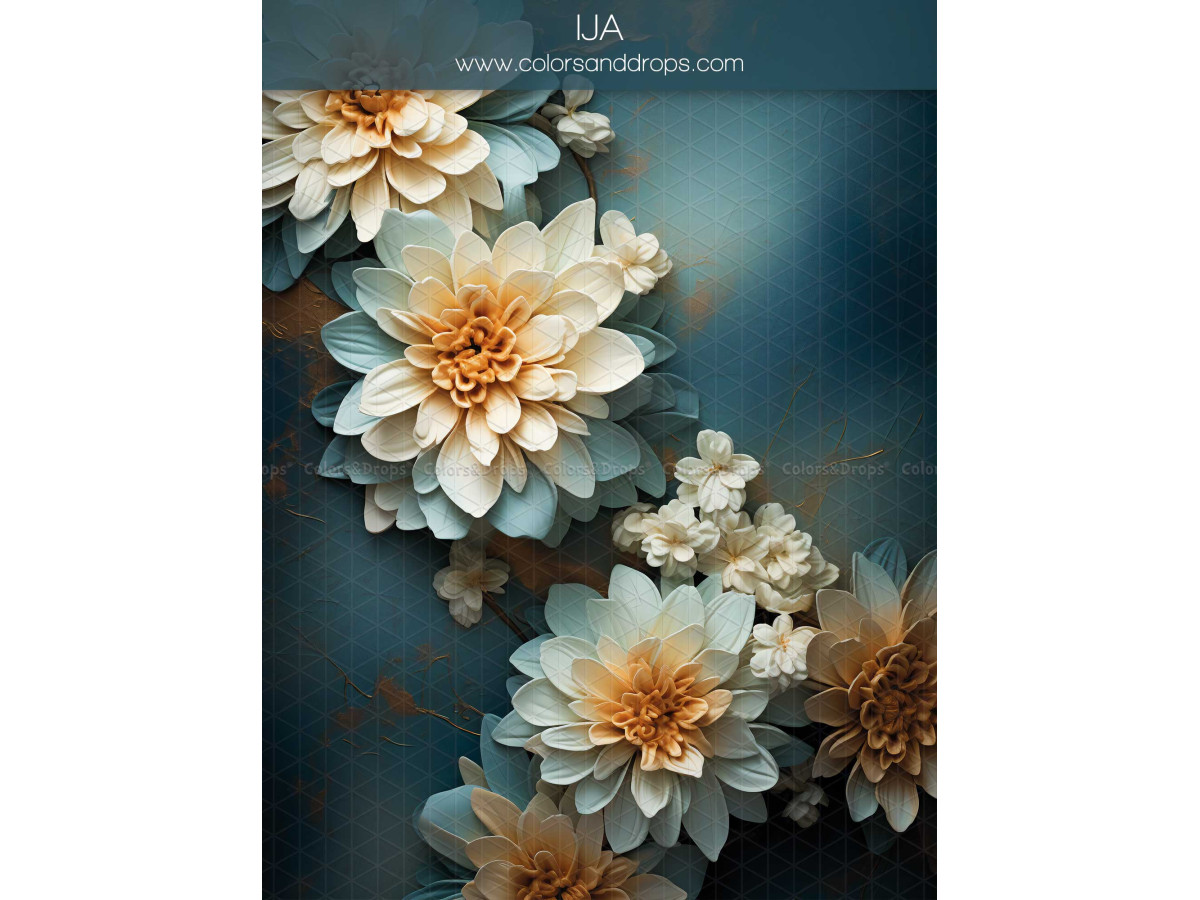 Maternity & portrait photo backdrop Ija – cream and orange flowers on teal background | Colors&Drops