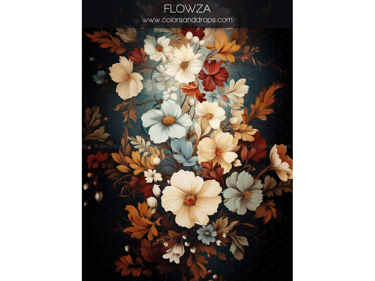 Maternity & portrait photo backdrop Flowza – cream and blue flower bouquet on black background | Colors&Drops