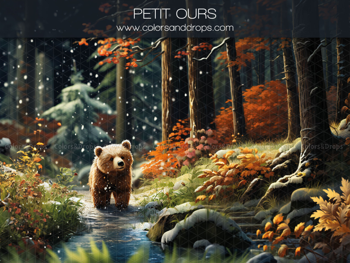 Baby & cake smash photo backdrop Petit Ours – brown bear by a stream in an autumn forest | Colors&Drops