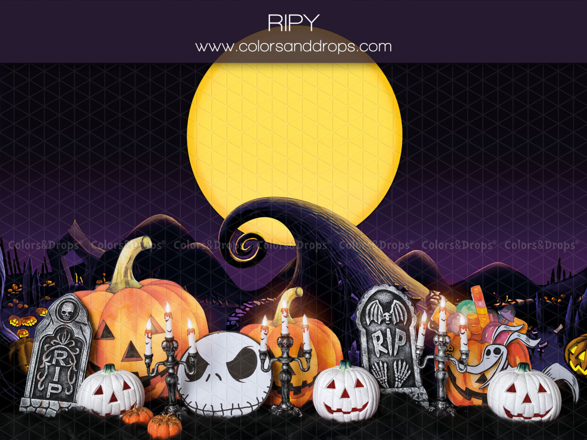 Fond photo d'Halloween Ripy – citrouilles d'Halloween et tombes sous une lune jaune | Colors&Drops