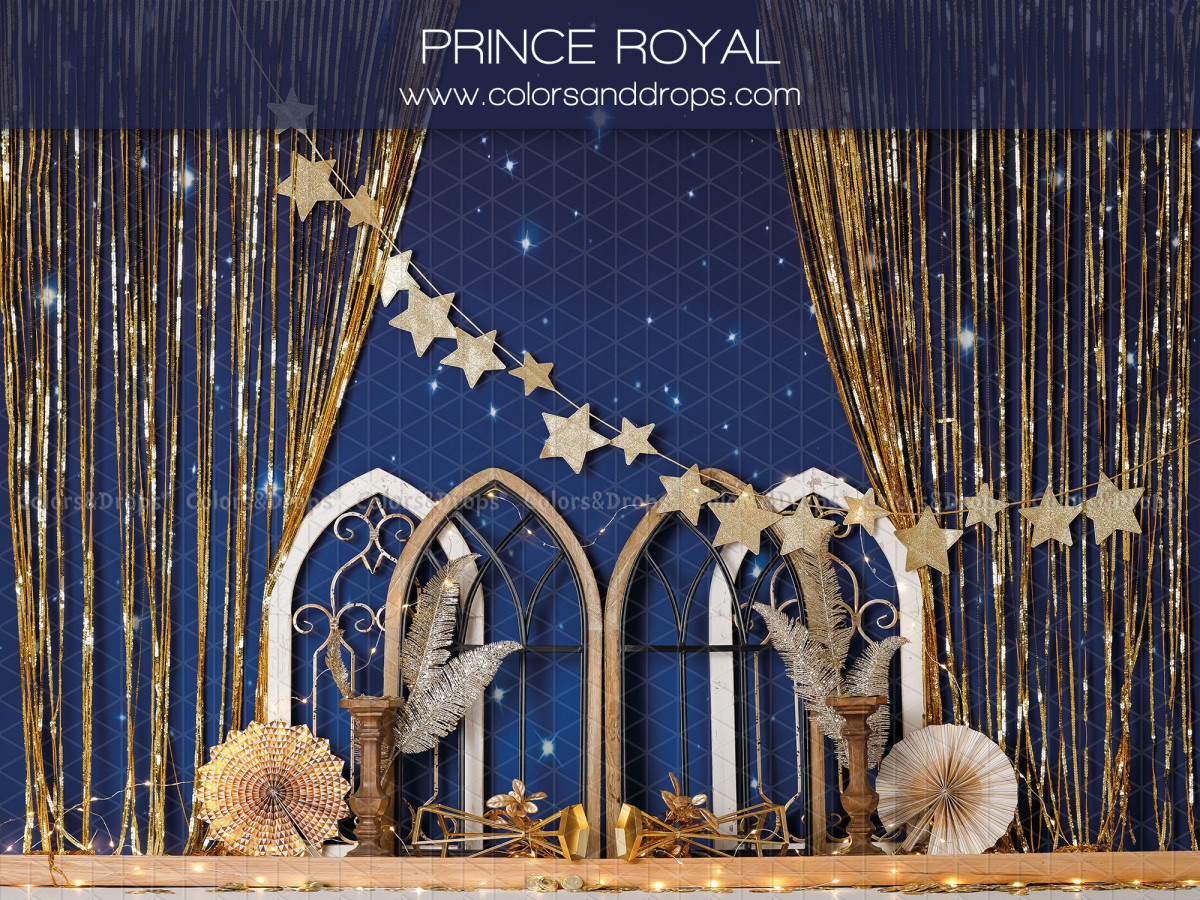 Fondo fotográfico de bebé y smash cake Prince Royal – cortinas de flecos dorados con estrellas y ventanas góticas | Colors&Drops