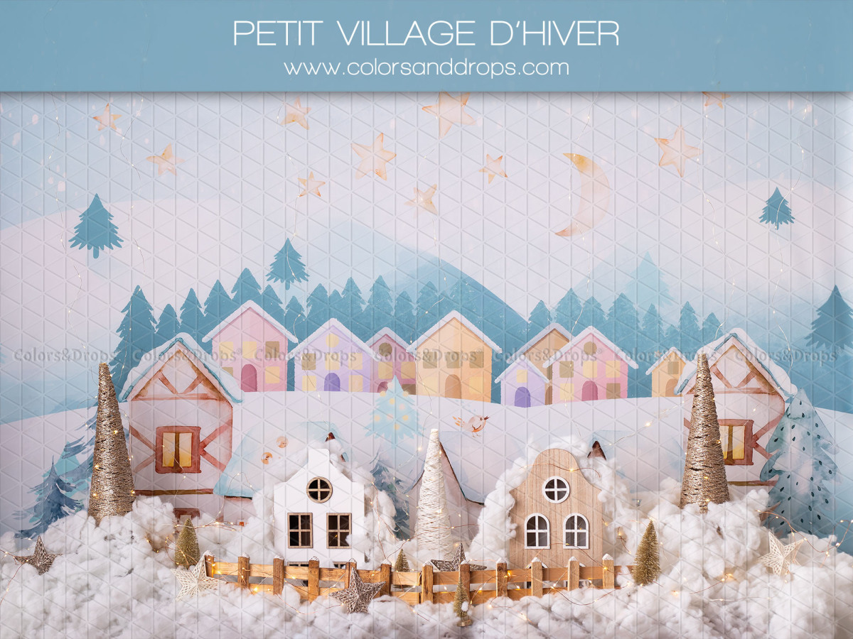 Baby & cake smash photo backdrop Petit Village D'Hiver – illustrated small winter village with houses and snow | Colors&Drops