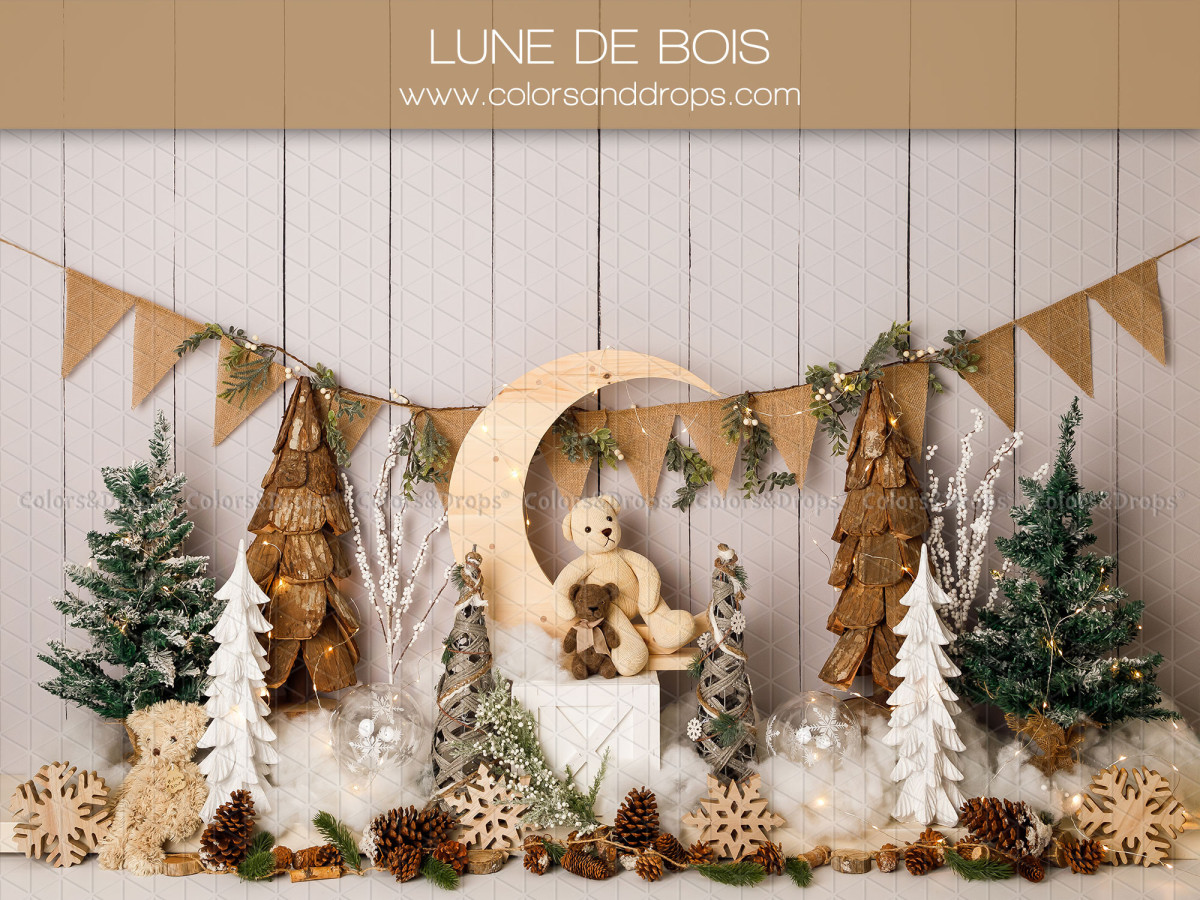 Baby & cake smash photo backdrop Lune de Bois – wooden moon with bear, burlap bunting and fir trees | Colors&Drops
