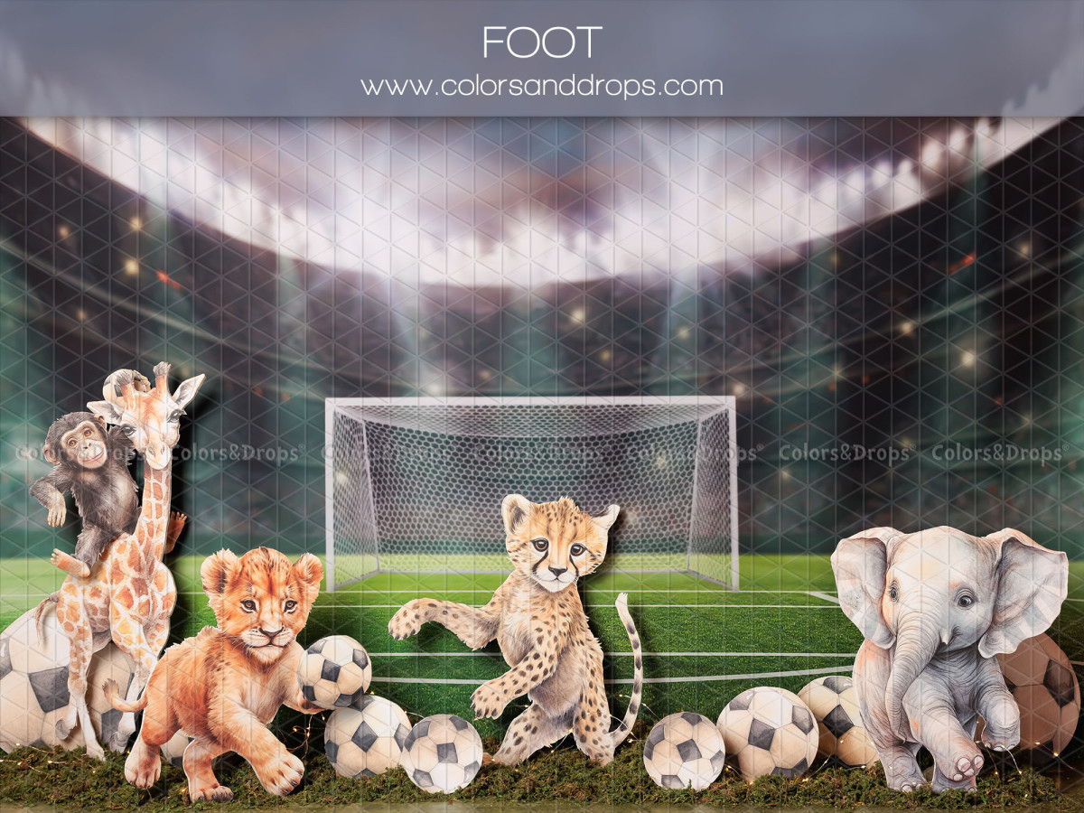 Fondo fotográfico de bebé y smash cake Foot – estadio de fútbol con animales de peluche y balones | Colors&Drops