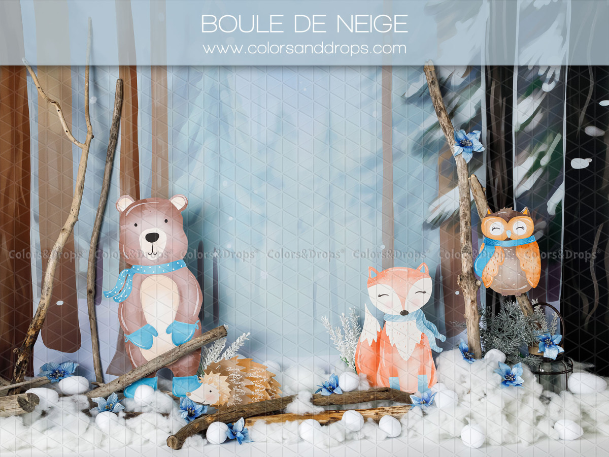 Fondo fotográfico de bebé y smash cake Boule de Neige – oso y zorro de peluche en bosque nevado | Colors&Drops