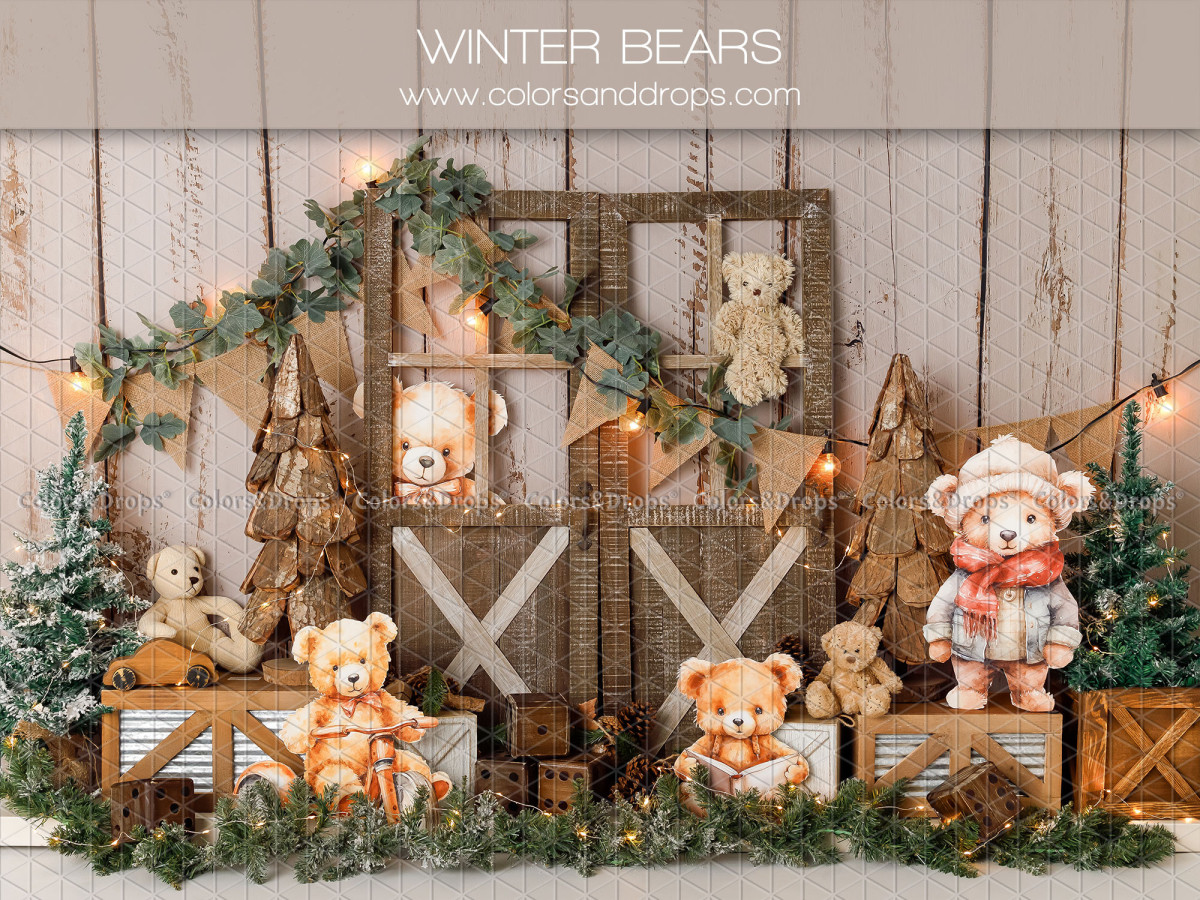 Fondo fotográfico de bebé y smash cake Winter Bears – osos de peluche invernales con ventana de madera y abetos | Colors&Drops