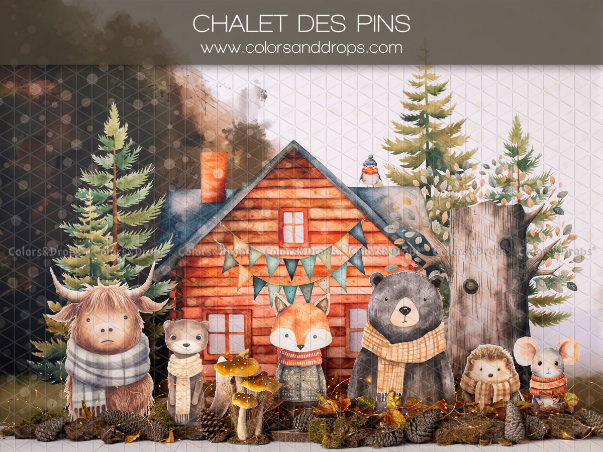 Baby & cake smash photo backdrop Chalet des Pins – pine chalet with plush forest animals | Colors&Drops