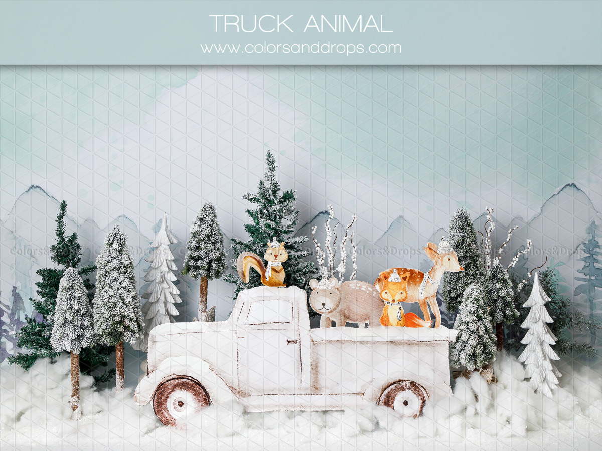 Fondo fotográfico de bebé y smash cake Truck Animal – pick-up blanco con animales de peluche en bosque nevado | Colors&Drops