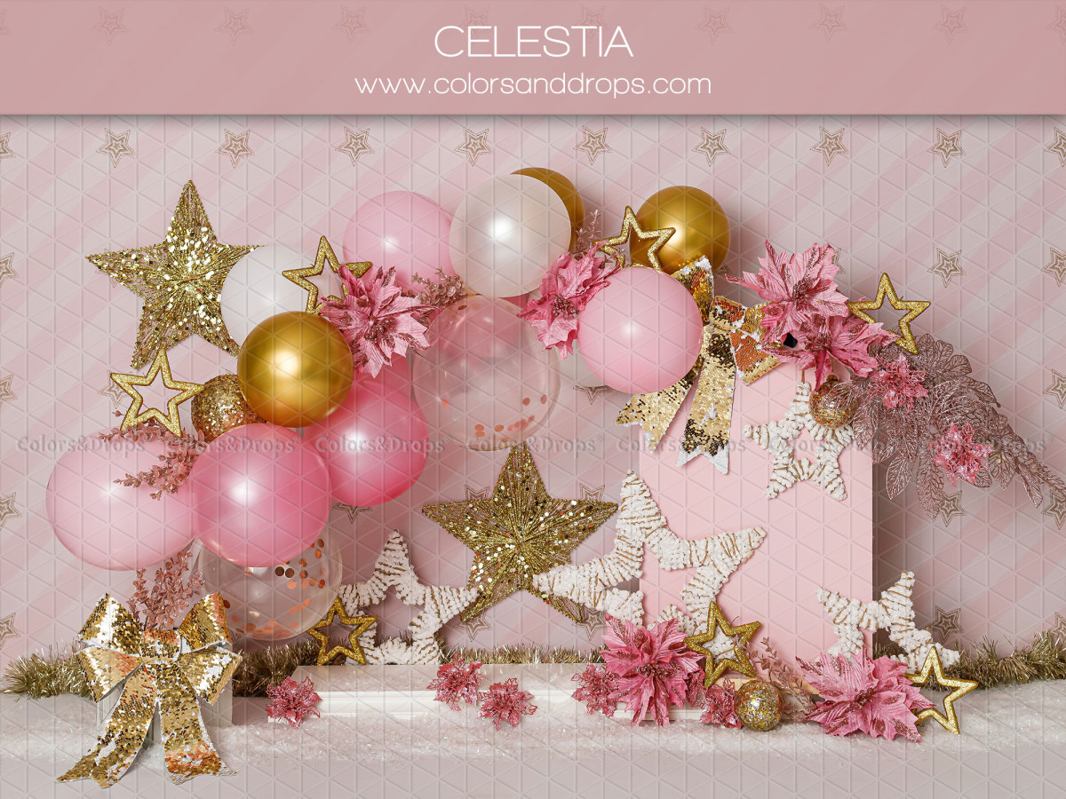 Fond photo bébé et smash cake Celestia – étoiles dorées et ballons roses sur fond rayé rose | Colors&Drops
