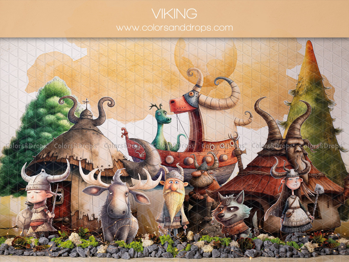 Fond photo bébé et smash cake Viking – village viking illustré avec élans et dragons | Colors&Drops
