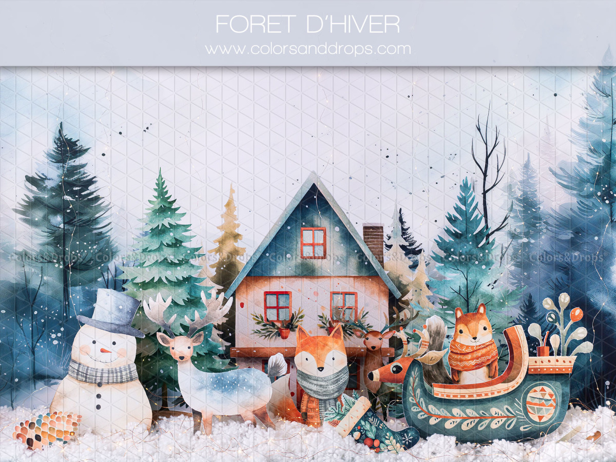 Fond photo bébé et smash cake Foret D'Hiver – forêt d'hiver avec maison, traîneau et animaux en peluche | Colors&Drops