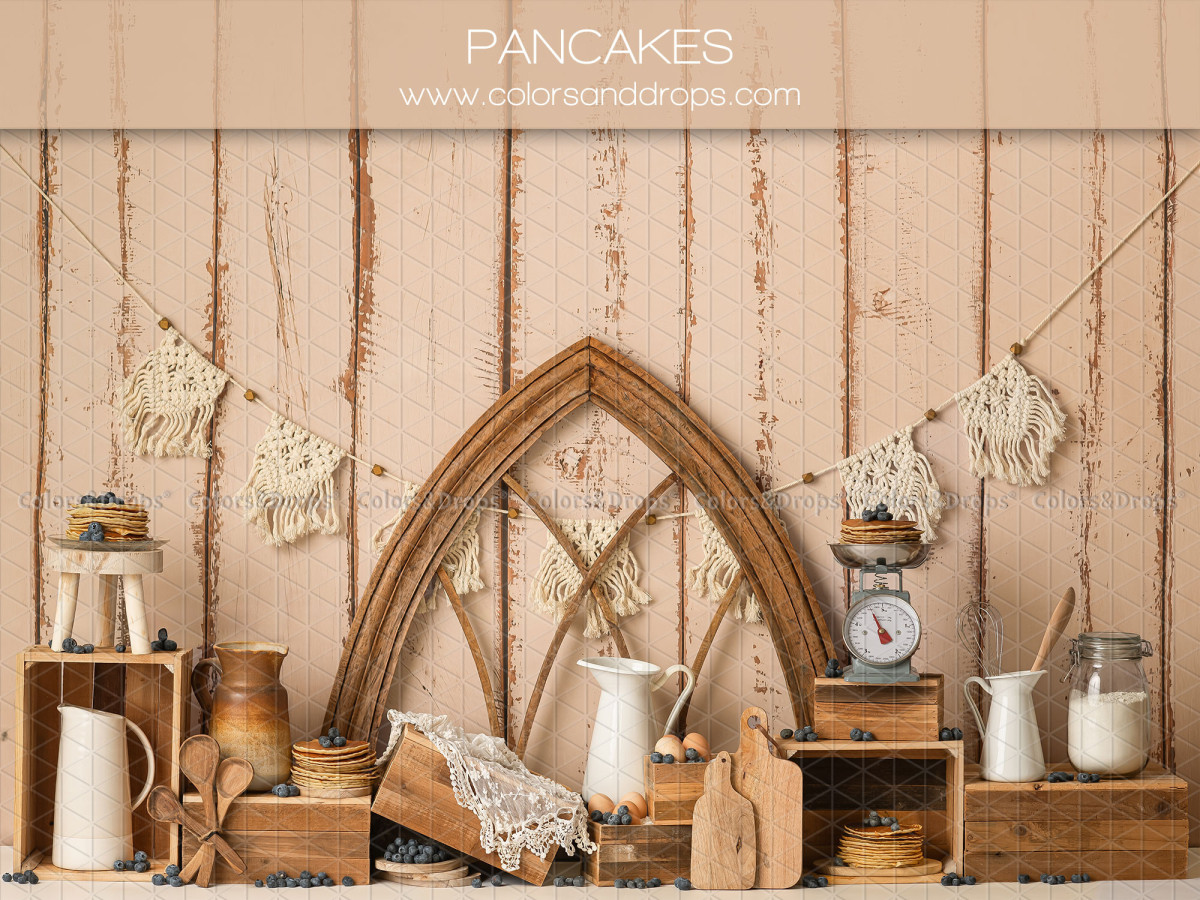 Fondo fotográfico de bebé y smash cake Pancakes – cocina rústica con arco gótico y utensilios | Colors&Drops