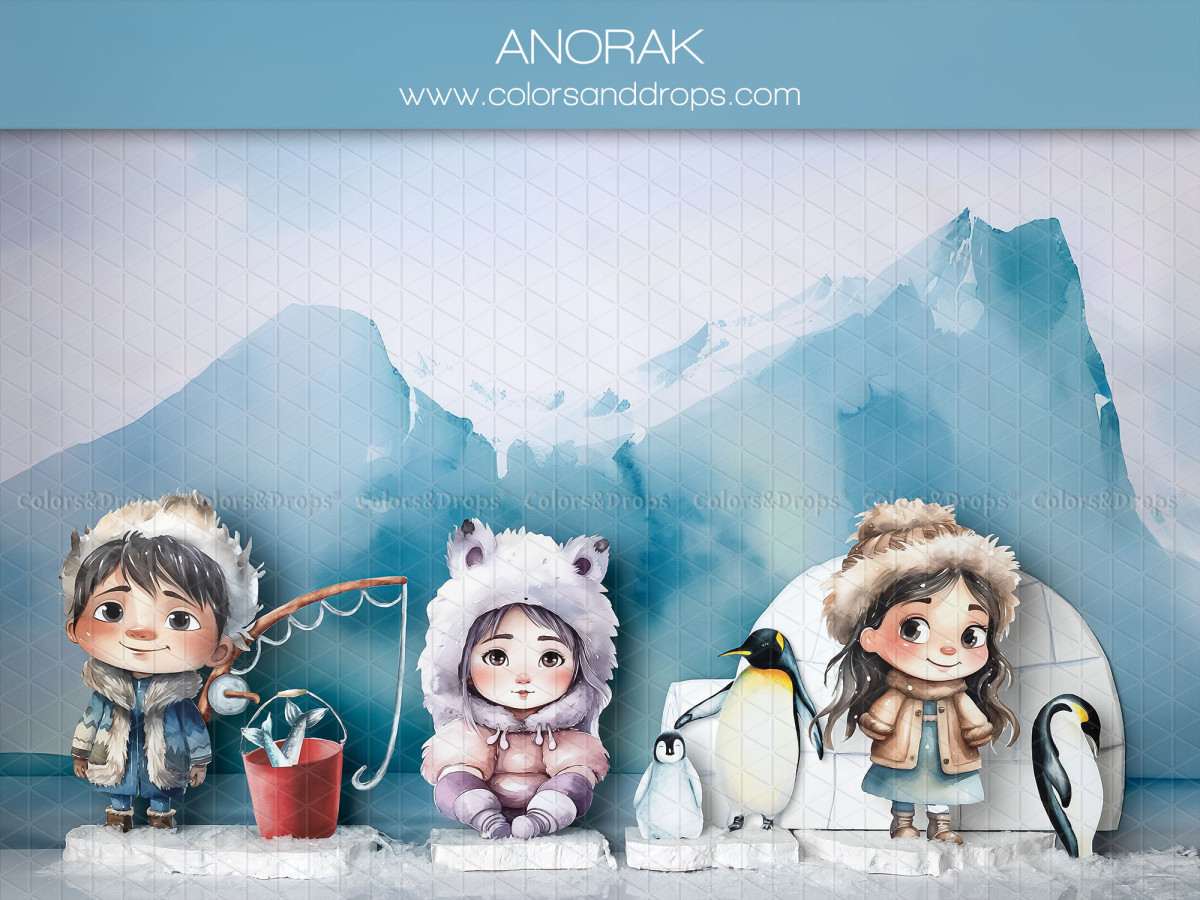 Fond photo bébé et smash cake Anorak – enfants en anorak illustrés avec igloo et pingouins | Colors&Drops