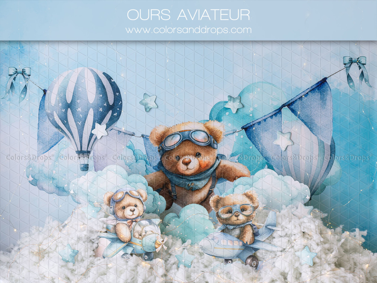 Fondo fotográfico de bebé y smash cake Ours Aviateur – oso aviador de peluche con globo aerostático entre nubes | Colors&Drops