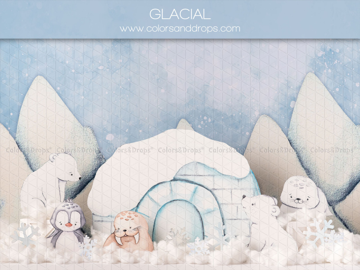Fondo fotográfico de bebé y smash cake Glacial – iglú con animales polares y montañas de hielo | Colors&Drops