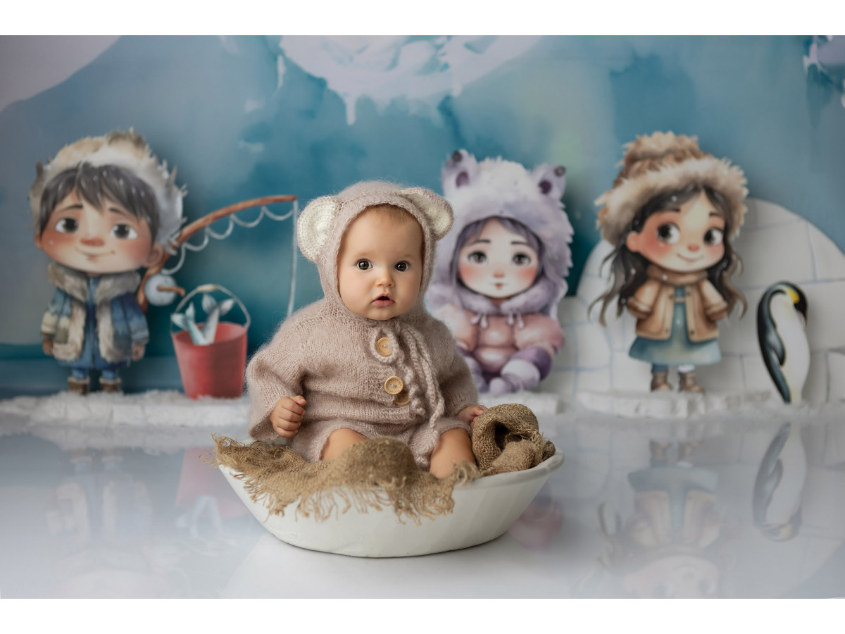 Fond photo bébé et smash cake Anorak – enfants en anorak illustrés avec igloo et pingouins | Colors&Drops