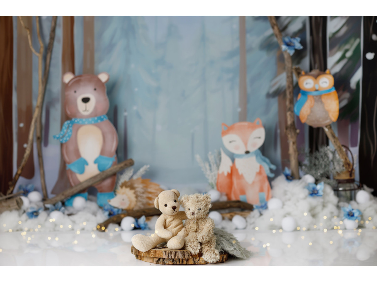 Fondo fotográfico de bebé y smash cake Boule de Neige – oso y zorro de peluche en bosque nevado | Colors&Drops
