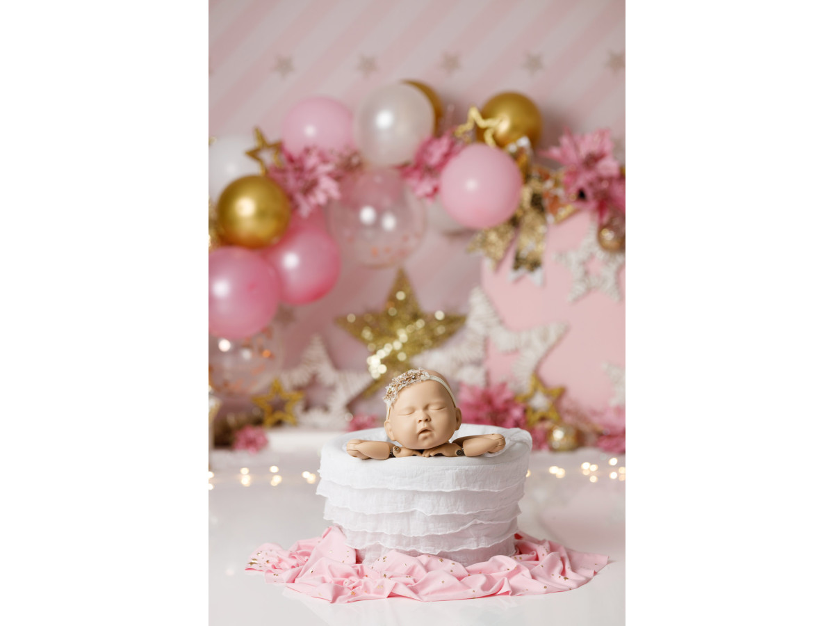 Fond photo bébé et smash cake Celestia – étoiles dorées et ballons roses sur fond rayé rose | Colors&Drops