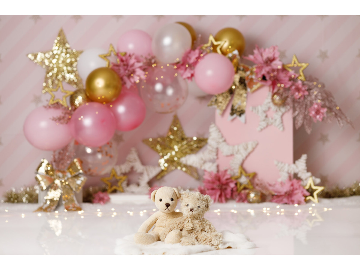 Fond photo bébé et smash cake Celestia – étoiles dorées et ballons roses sur fond rayé rose | Colors&Drops