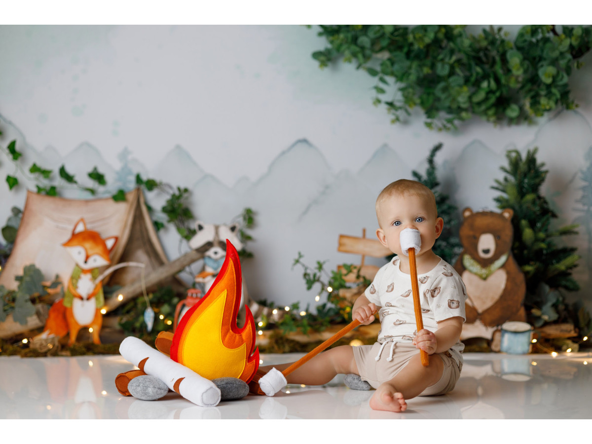 Fondo fotográfico de bebé y smash cake Bivouac – vivac en el bosque con tienda, zorro y oso de peluche | Colors&Drops