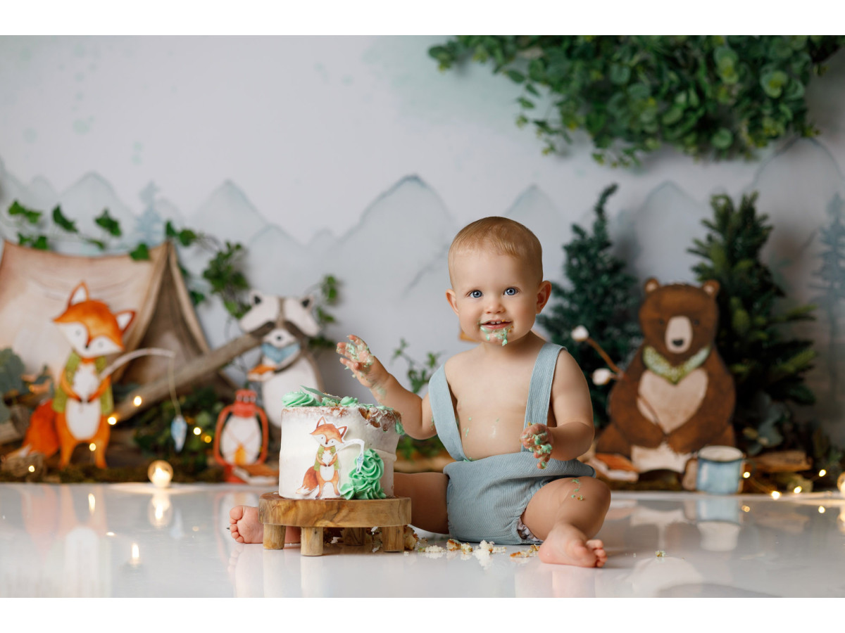Fondo fotográfico de bebé y smash cake Bivouac – vivac en el bosque con tienda, zorro y oso de peluche | Colors&Drops