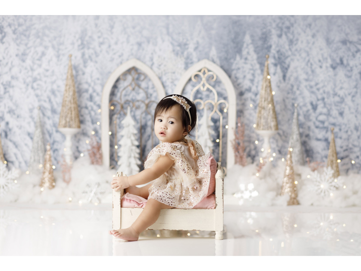 Fond photo bébé et smash cake Palais des Glaces – palais de glace aux arches gothiques en forêt enneigée | Colors&Drops