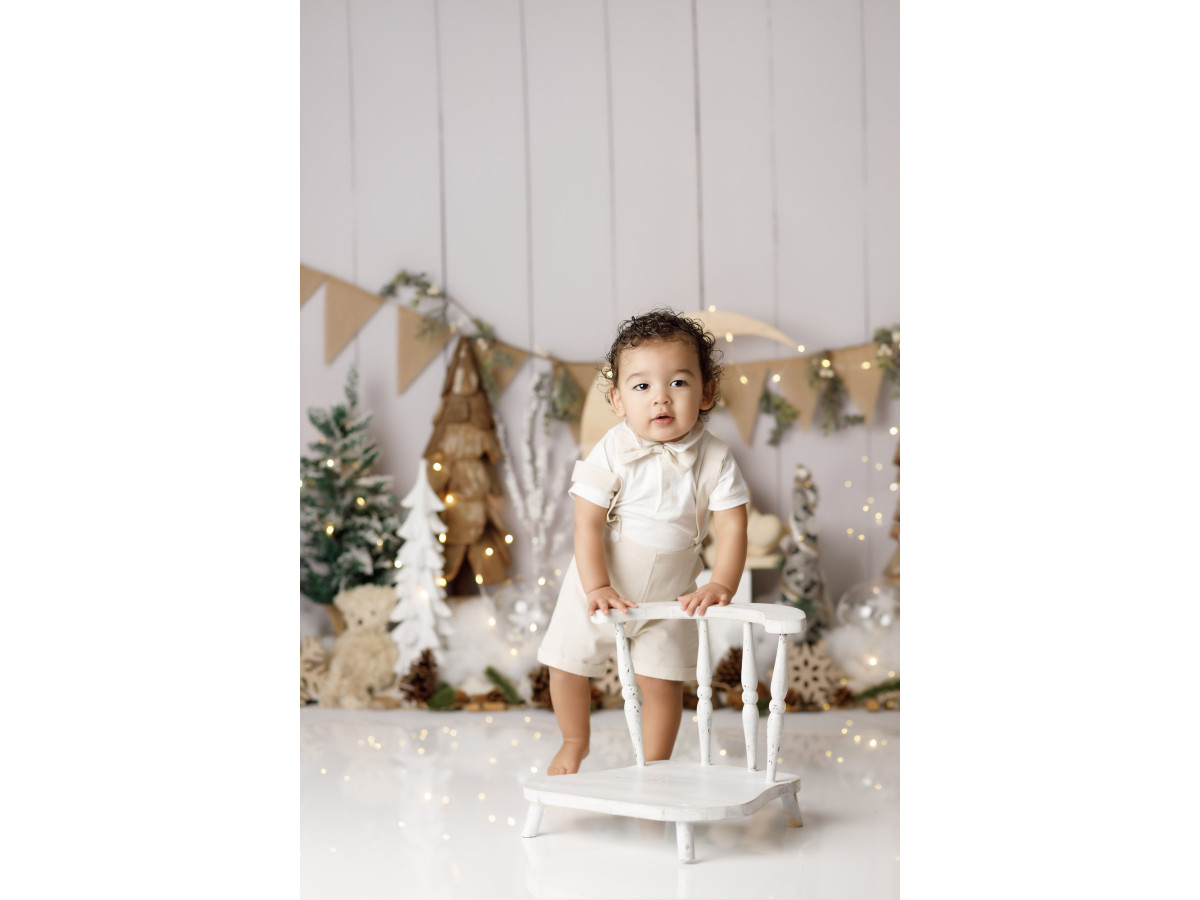 Baby & cake smash photo backdrop Lune de Bois – wooden moon with bear, burlap bunting and fir trees | Colors&Drops
