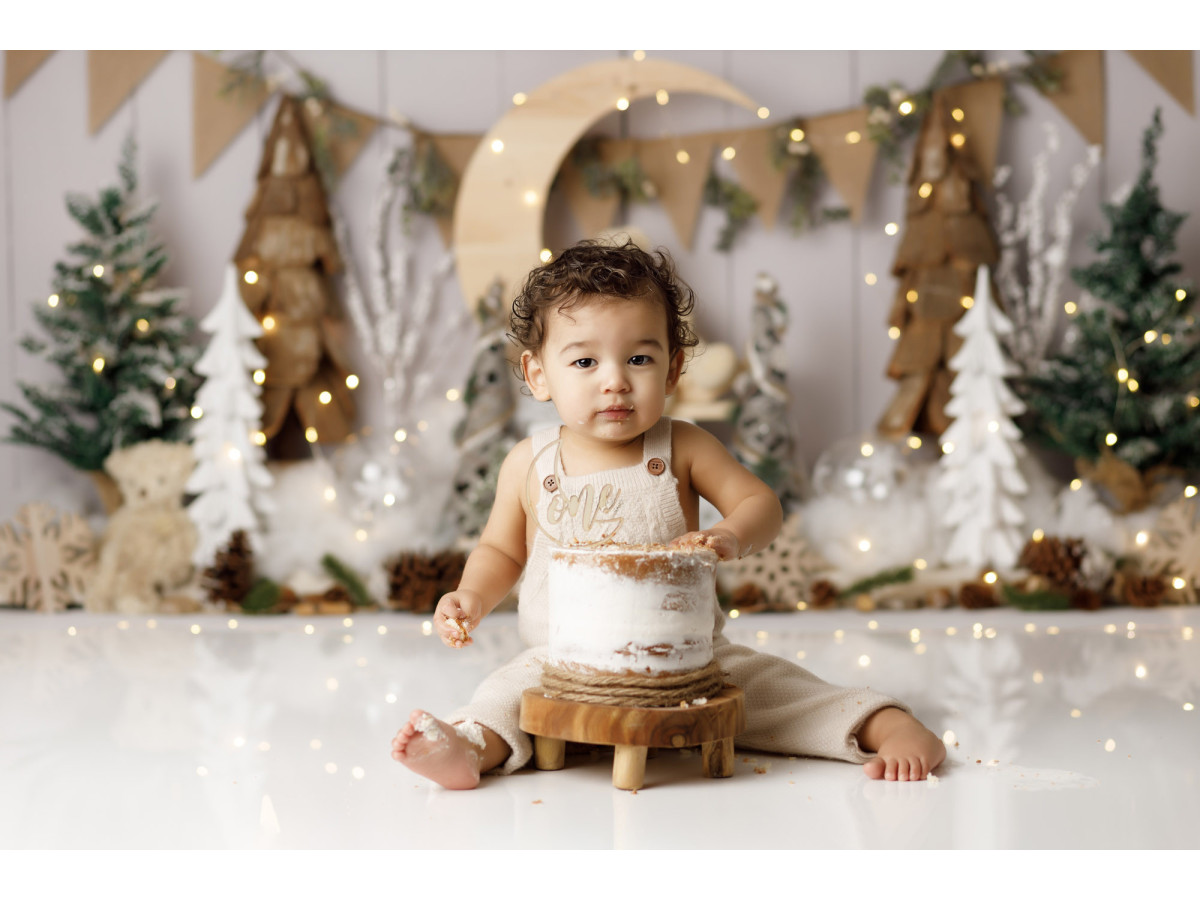 Baby & cake smash photo backdrop Lune de Bois – wooden moon with bear, burlap bunting and fir trees | Colors&Drops