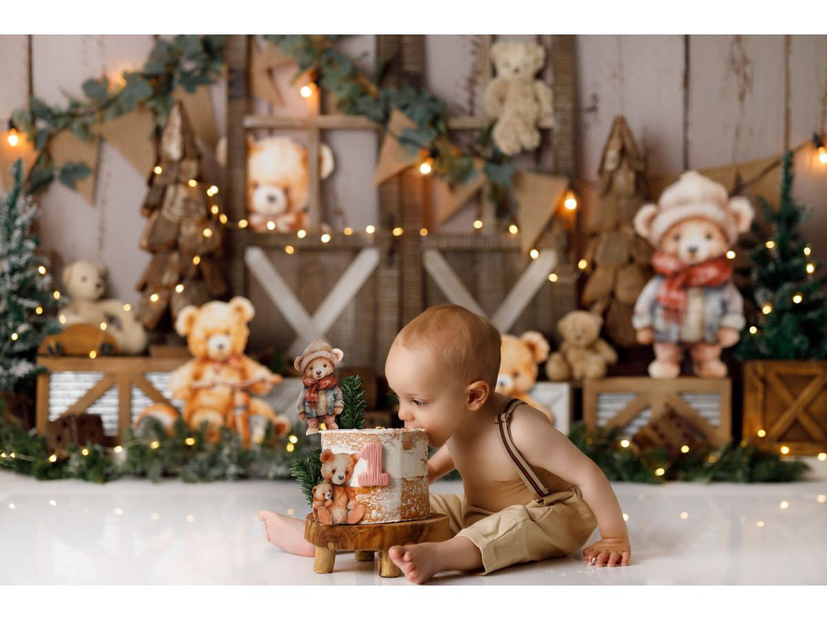 Fondo fotográfico de bebé y smash cake Winter Bears – osos de peluche invernales con ventana de madera y abetos | Colors&Drops