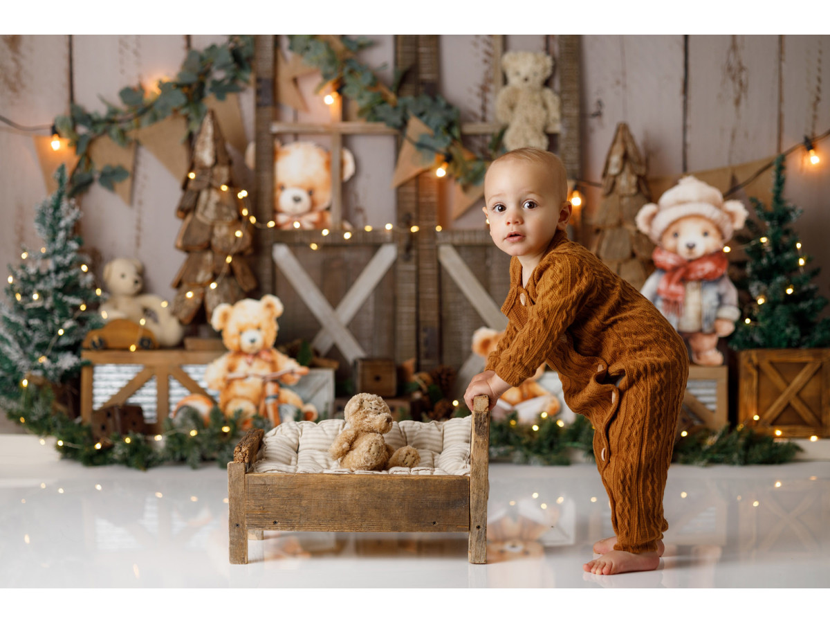 Fondo fotográfico de bebé y smash cake Winter Bears – osos de peluche invernales con ventana de madera y abetos | Colors&Drops
