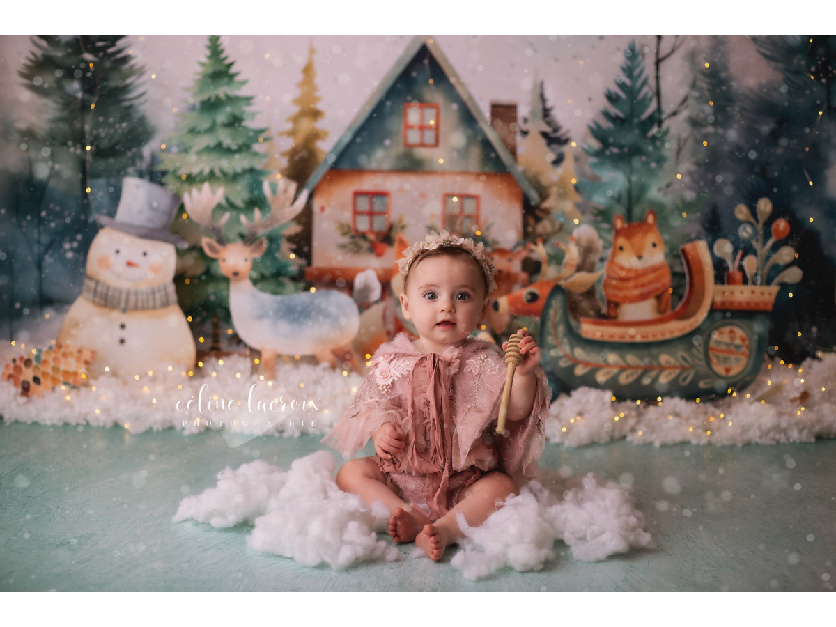 Fond photo bébé et smash cake Foret D'Hiver – forêt d'hiver avec maison, traîneau et animaux en peluche | Colors&Drops