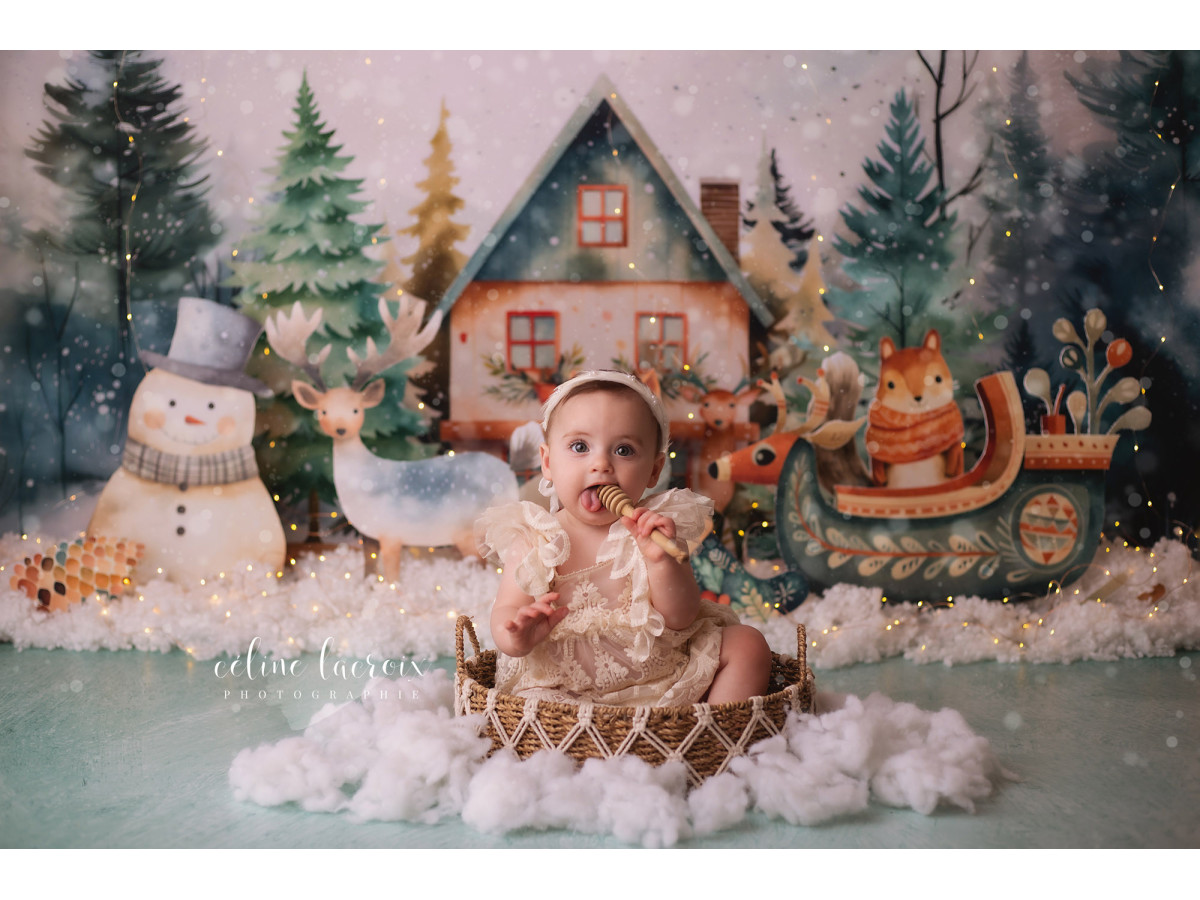 Fond photo bébé et smash cake Foret D'Hiver – forêt d'hiver avec maison, traîneau et animaux en peluche | Colors&Drops