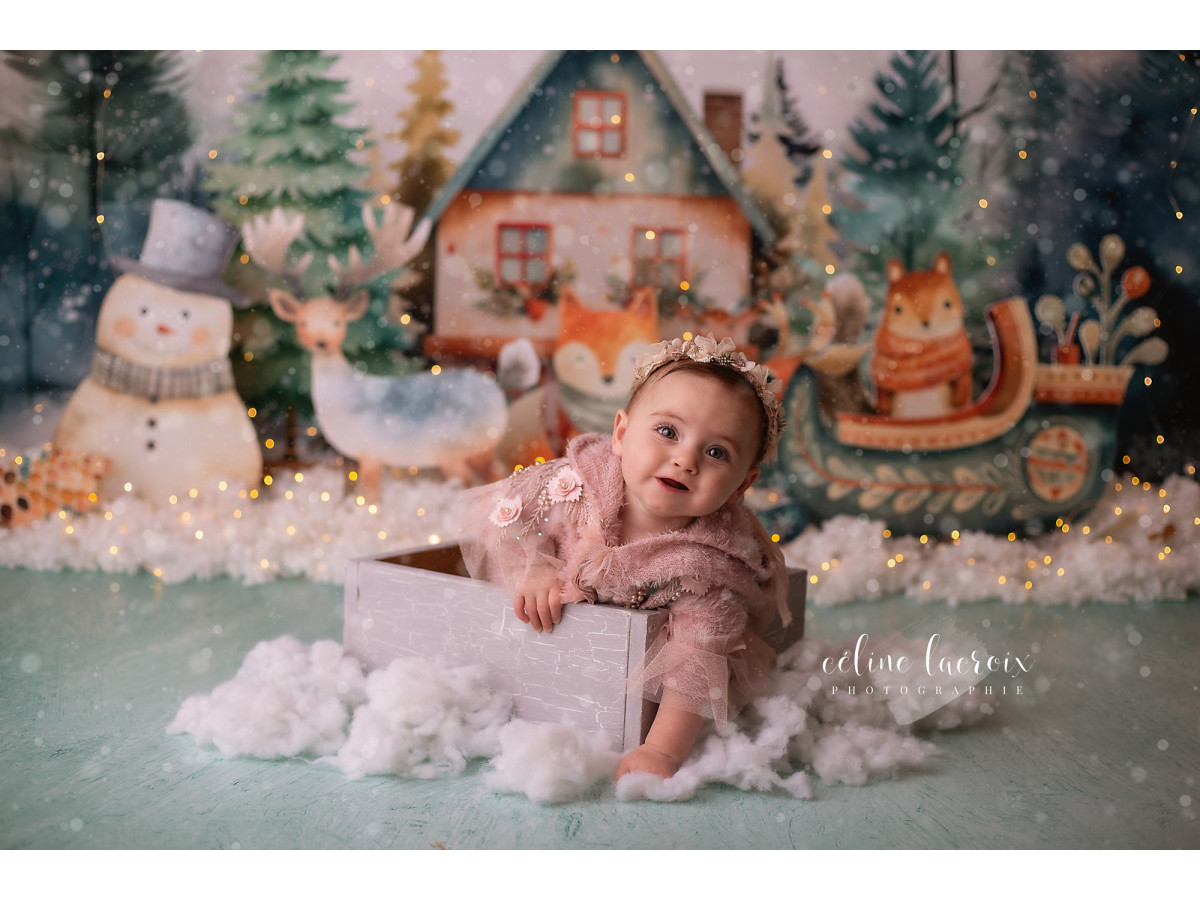 Fond photo bébé et smash cake Foret D'Hiver – forêt d'hiver avec maison, traîneau et animaux en peluche | Colors&Drops
