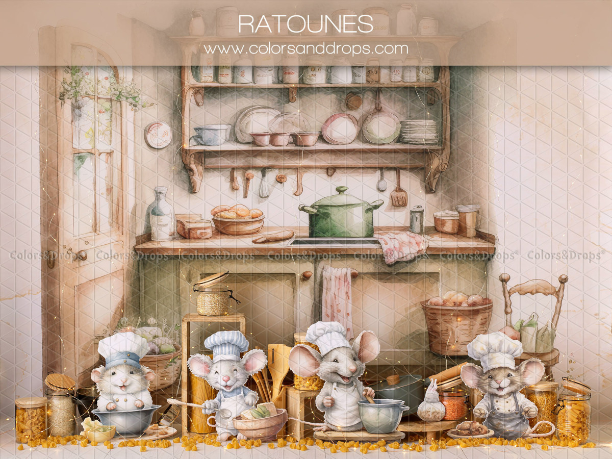 Baby & cake smash photo backdrop Ratounes – kitchen with plush chef mice | Colors&Drops
