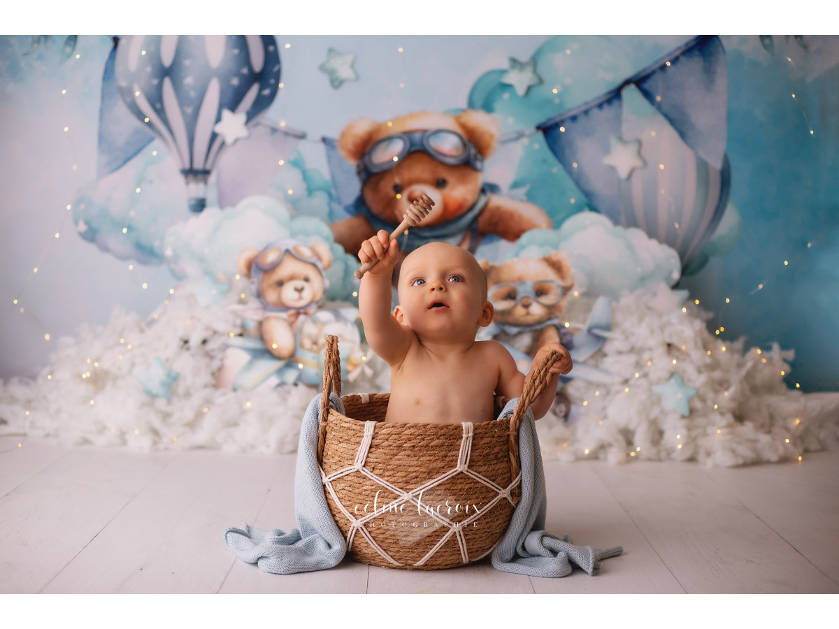 Baby & cake smash photo backdrop Ours Aviateur – plush aviator bear with hot air balloon in clouds | Colors&Drops
