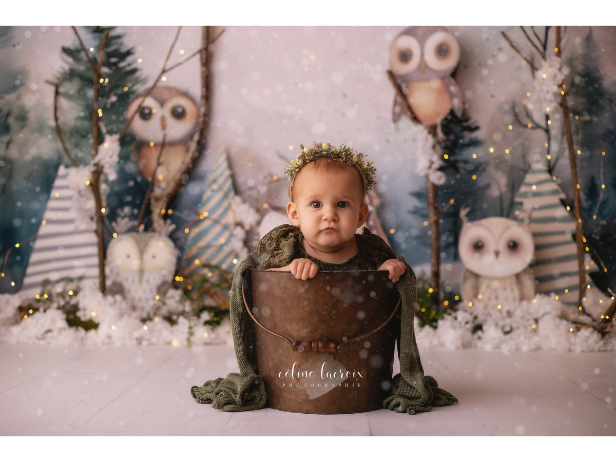 Baby & cake smash photo backdrop Chouettes – plush owls in a winter forest | Colors&Drops