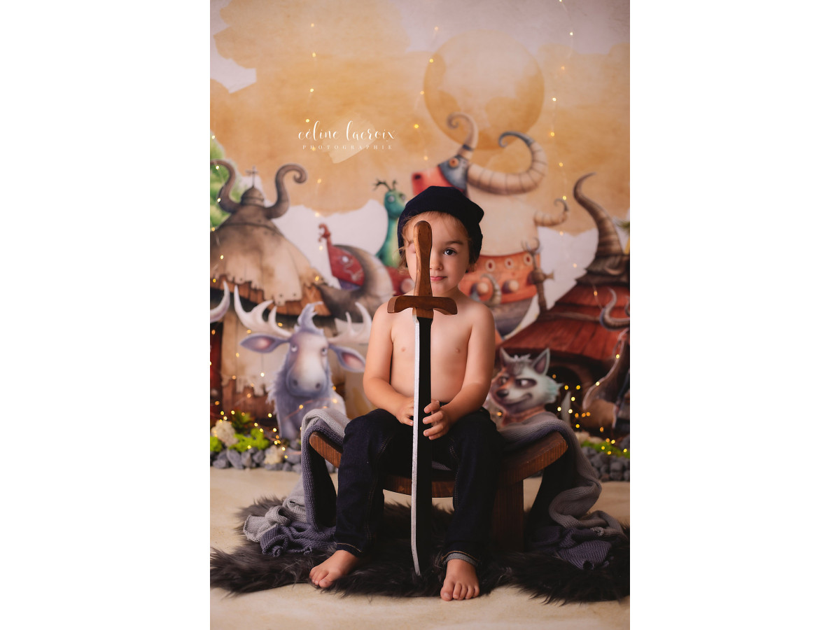 Fond photo bébé et smash cake Viking – village viking illustré avec élans et dragons | Colors&Drops
