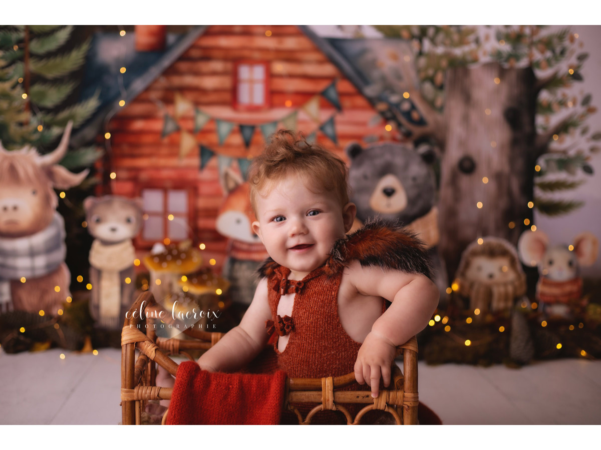Baby & cake smash photo backdrop Chalet des Pins – pine chalet with plush forest animals | Colors&Drops