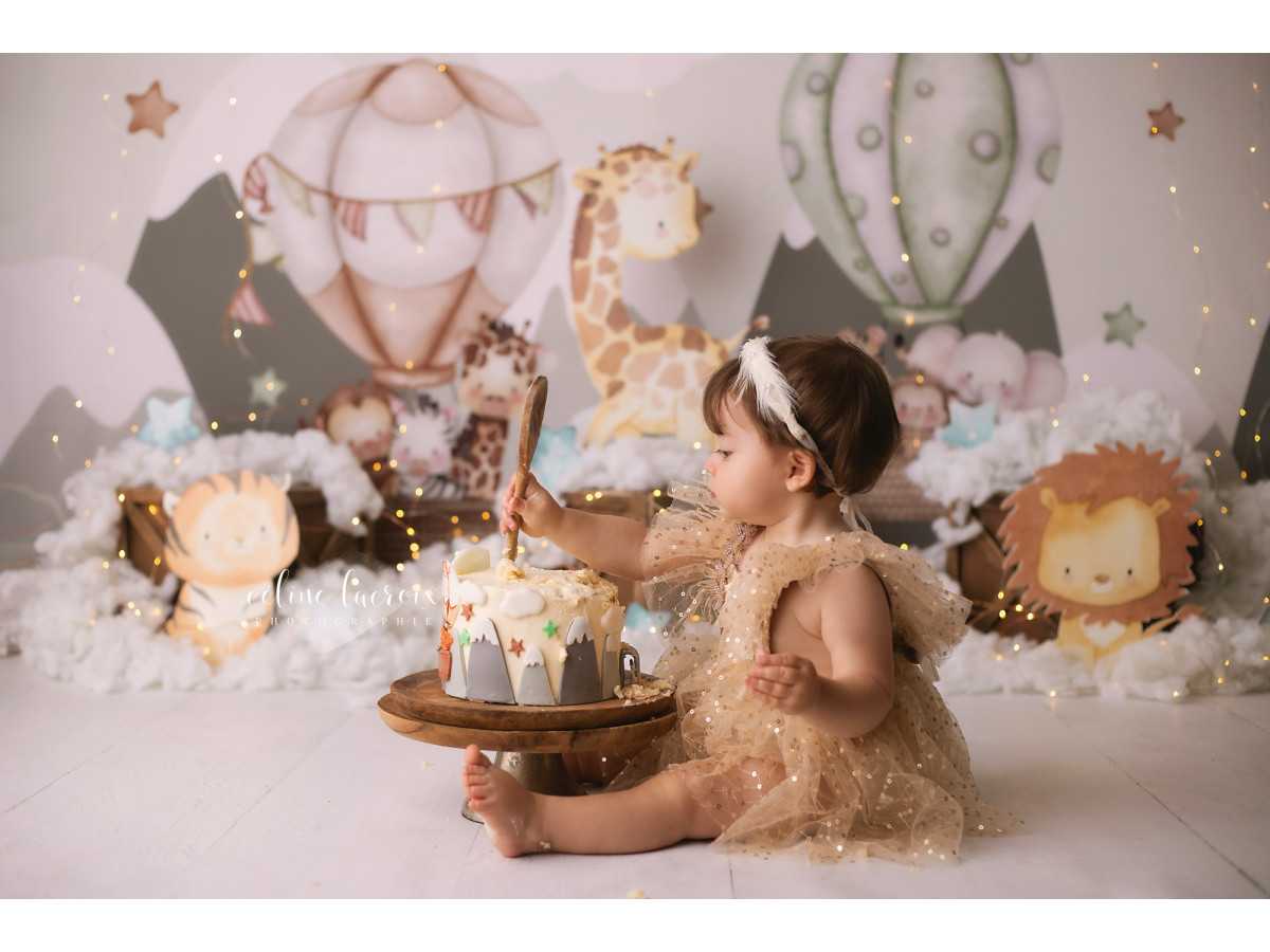 Fond photo bébé et smash cake Nimbus – montgolfières et animaux en peluche dans les nuages | Colors&Drops