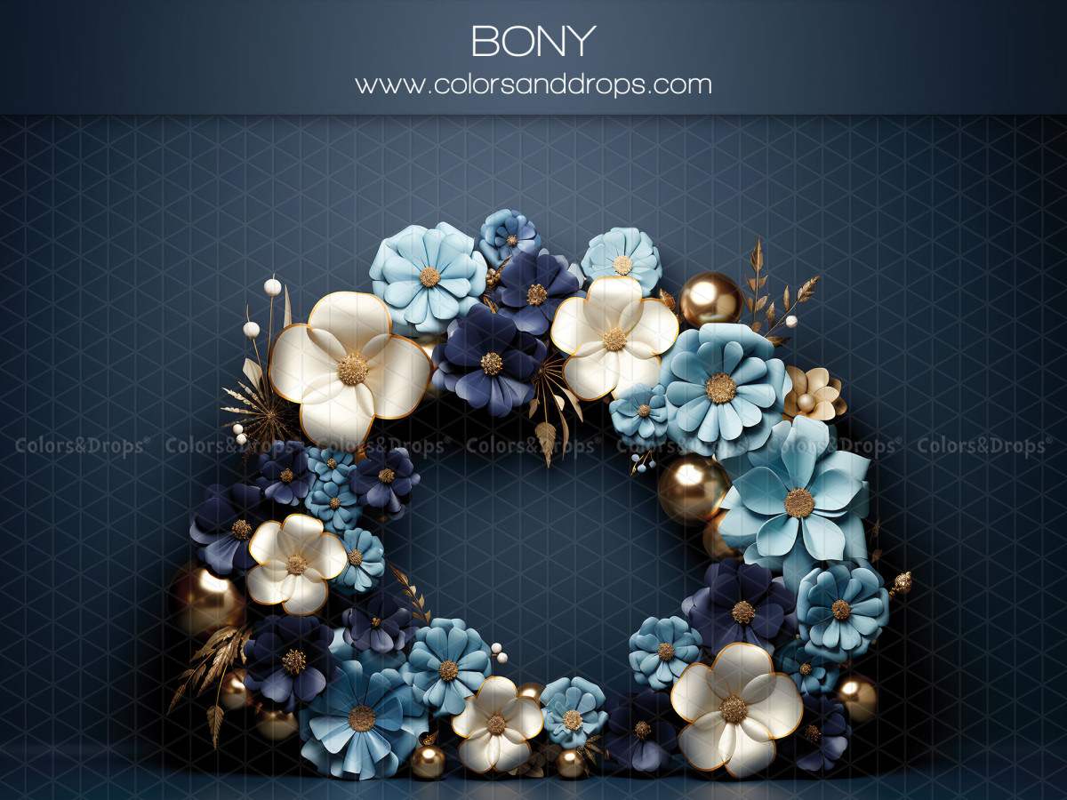 Fond photo bébé et smash cake Bony – couronne de fleurs bleues et crème sur fond bleu nuit | Colors&Drops