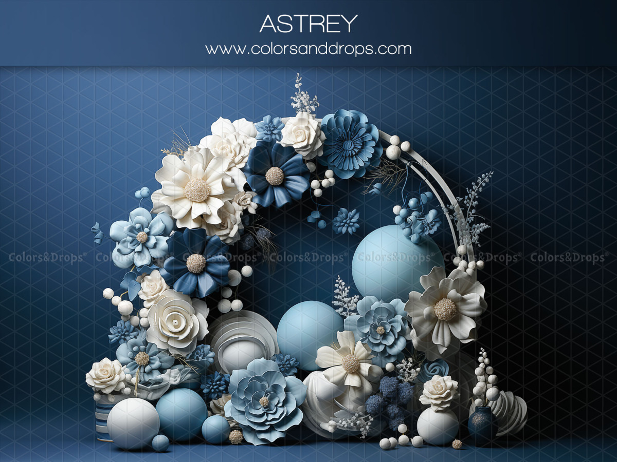 Baby & cake smash photo backdrop Astrey – half arch of blue and white flowers and balloons | Colors&Drops