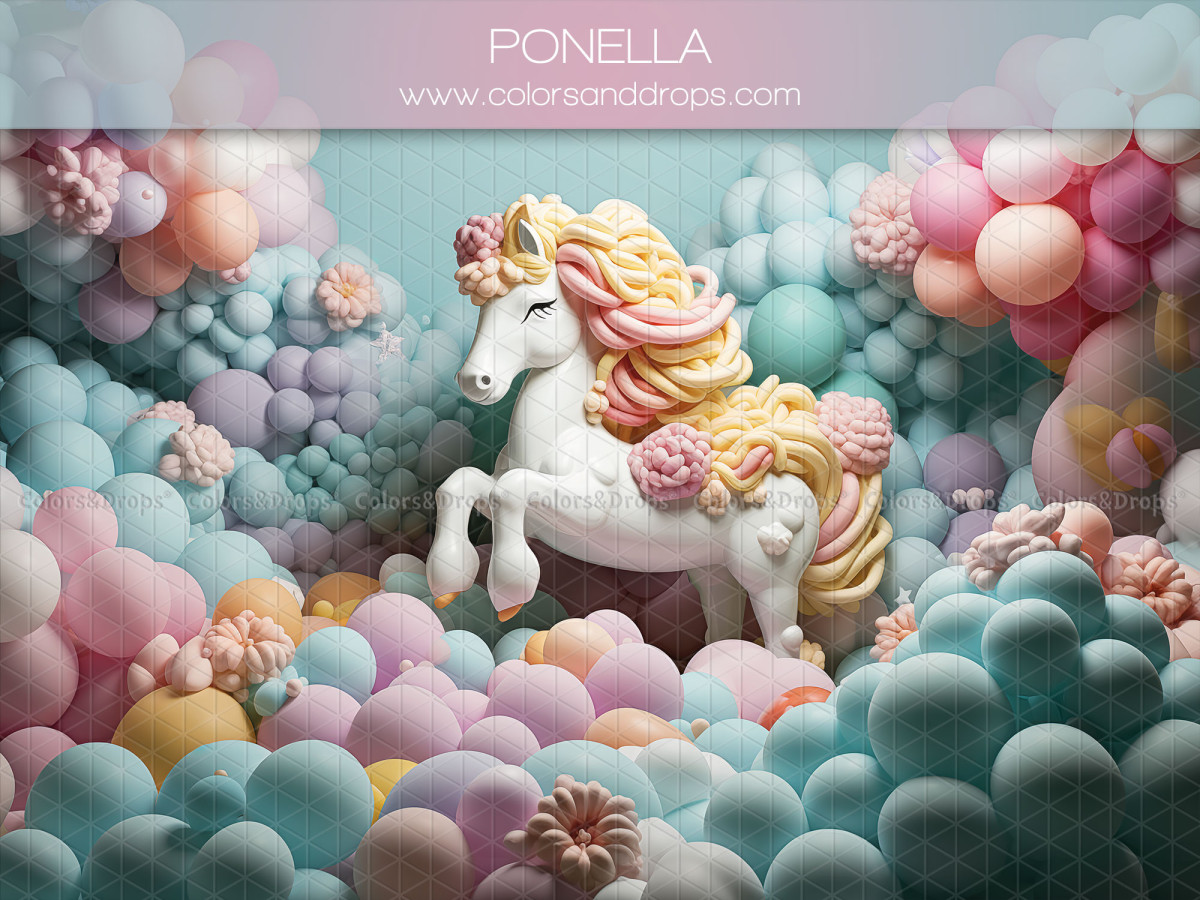 Fondo fotográfico de bebé y smash cake Ponella – unicornio blanco entre globos pastel | Colors&Drops