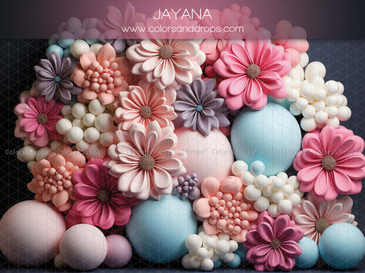 Fond photo bébé et smash cake Jayana – mur de fleurs en papier et ballons roses et bleus | Colors&Drops