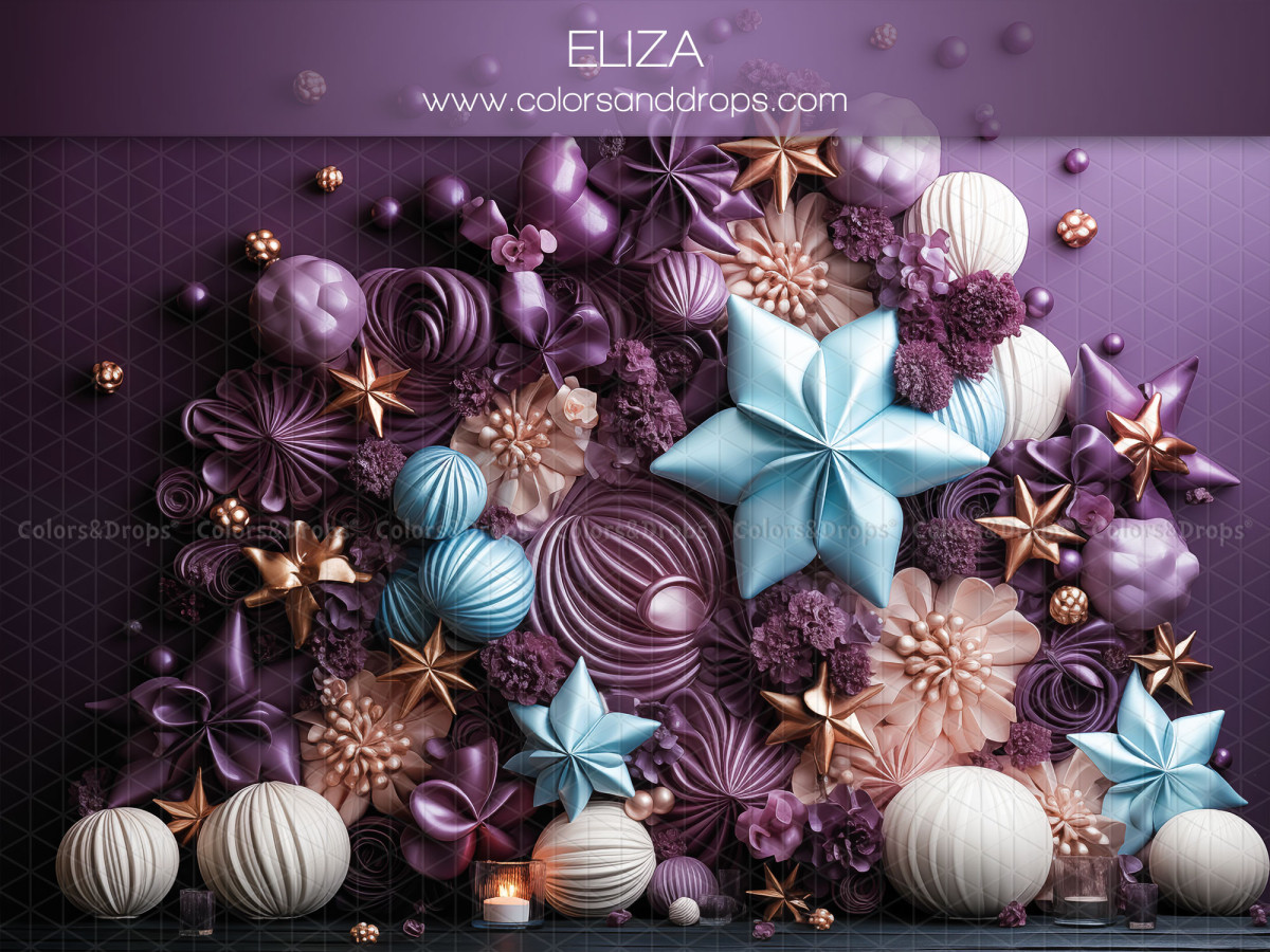 Fondo fotográfico de bebé y smash cake Eliza – flores de papel violetas y estrellas azules | Colors&Drops