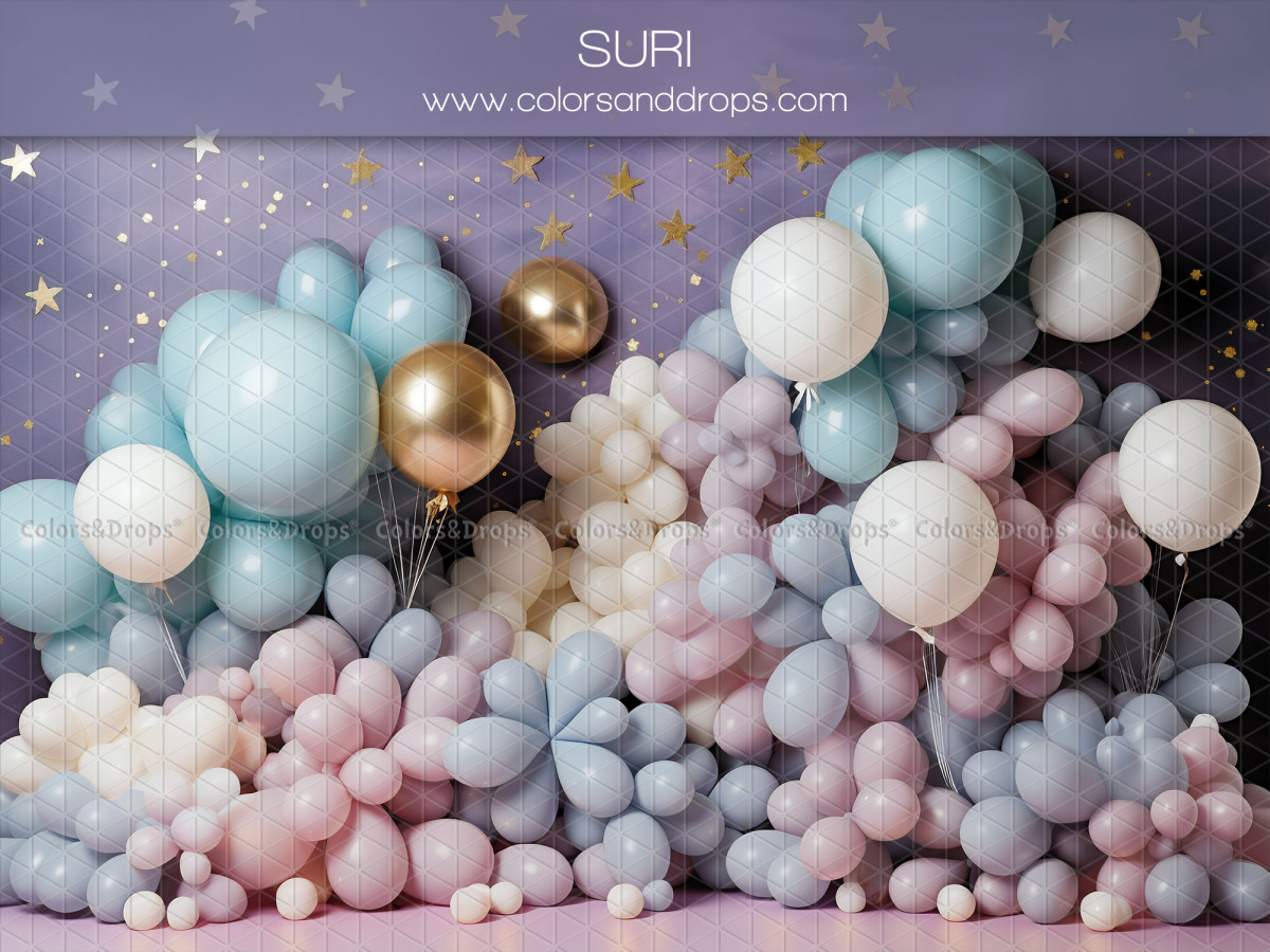 Fondo fotográfico de bebé y smash cake Suri – pared de globos pastel con estrellas | Colors&Drops