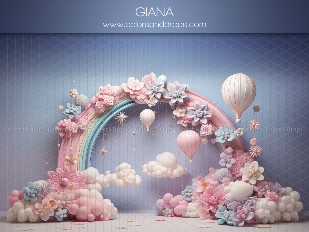 Baby & cake smash photo backdrop Giana – rainbow arch with flowers, clouds and hot air balloons | Colors&Drops