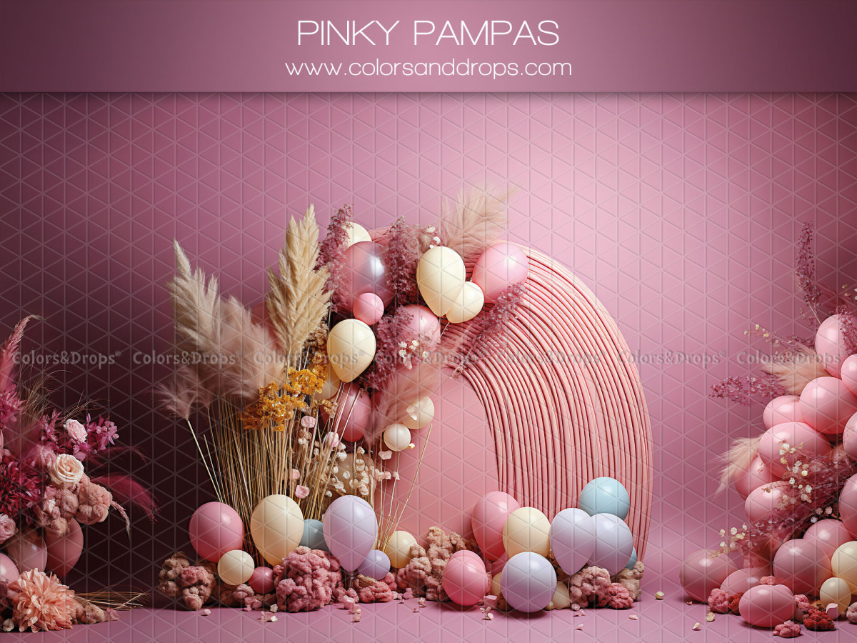Baby & cake smash photo backdrop Pinky Pampas – pink arch with pampas grass, balloons and flowers | Colors&Drops