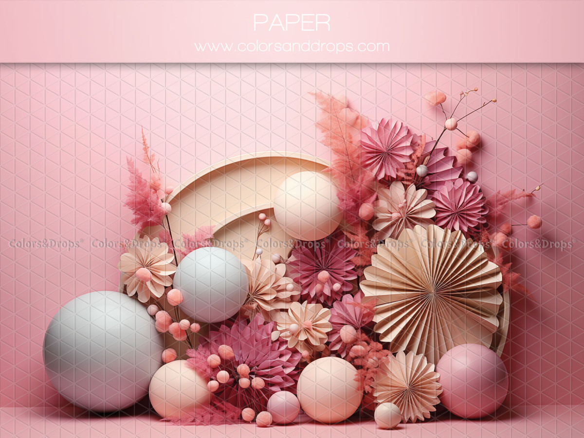 Baby & cake smash photo backdrop Paper – paper fans, balloons and flowers on pink background | Colors&Drops