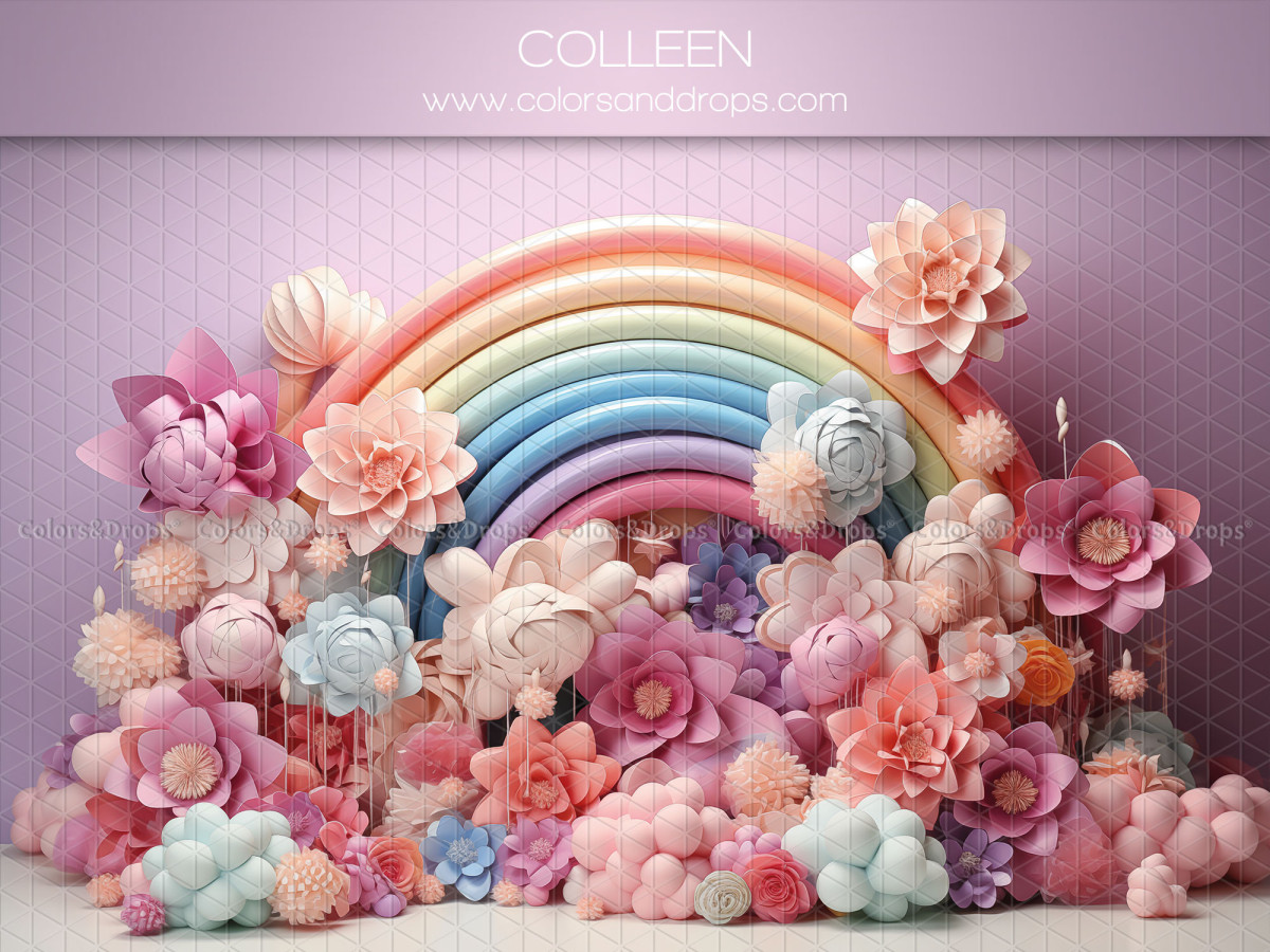 Baby & cake smash photo backdrop Colleen – pastel rainbow with giant flowers and balloons | Colors&Drops